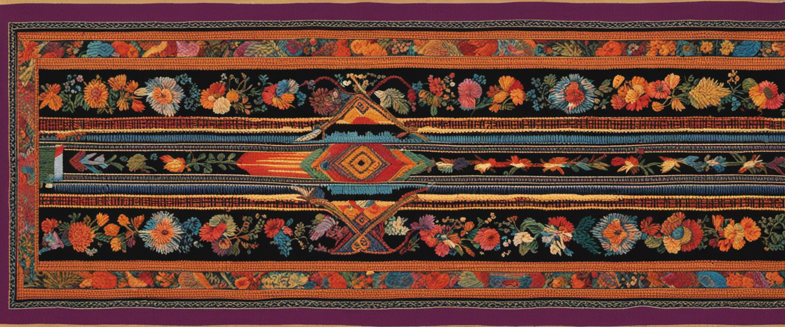 An image showcasing a tapestry loom adorned with intricate threads, weaving together vibrant patterns and symbols from various cultures, reflecting the fascinating but seemingly useless knowledge of tapestry weaving's cultural significance