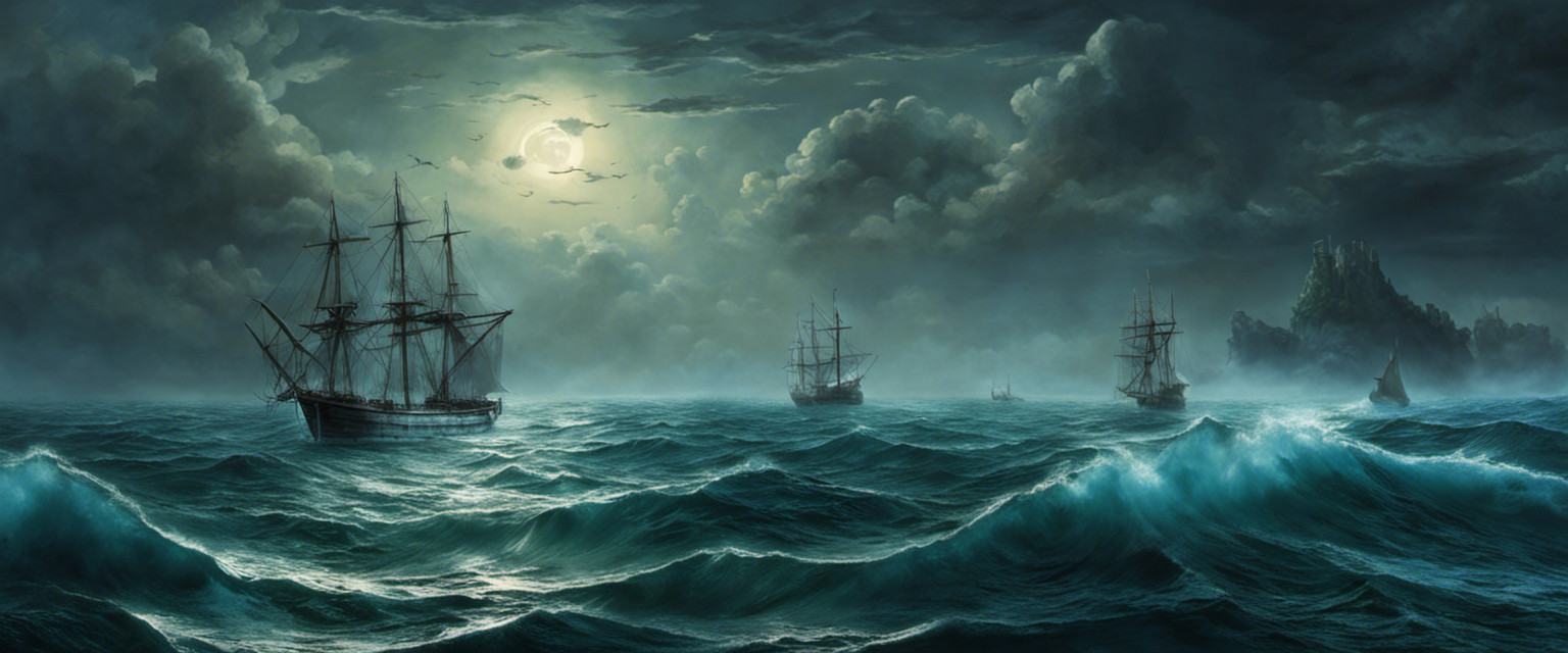 An image capturing the enigmatic allure of the Bermuda Triangle: a moonlit seascape, shrouded in eerie mist, where a shipwreck lies submerged while mythical creatures emerge from the depths, evoking the tales of this baffling phenomenon