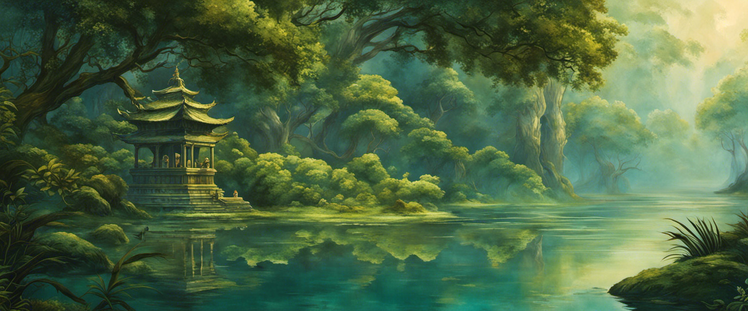 An image showcasing a serene ancient lake nestled amidst lush greenery