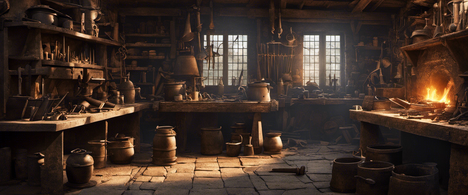 An image depicting an ancient blacksmith's workshop, with intricate metal tools scattered among dusty shelves and an old, worn-out anvil