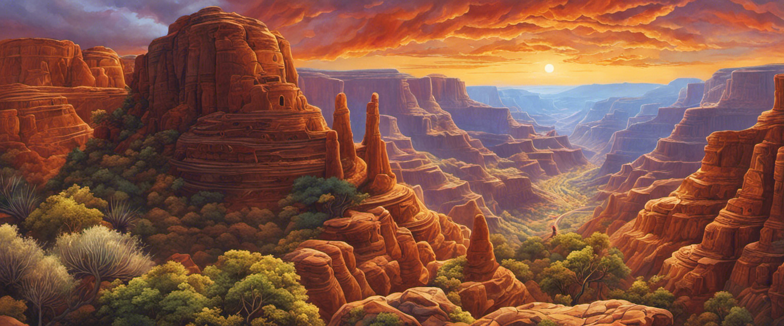 An image showcasing a colorful, mystical landscape of towering canyons adorned with intricate petroglyphs, where ancient folklore intertwines with nature's forces, evoking a sense of wonder and useless knowledge