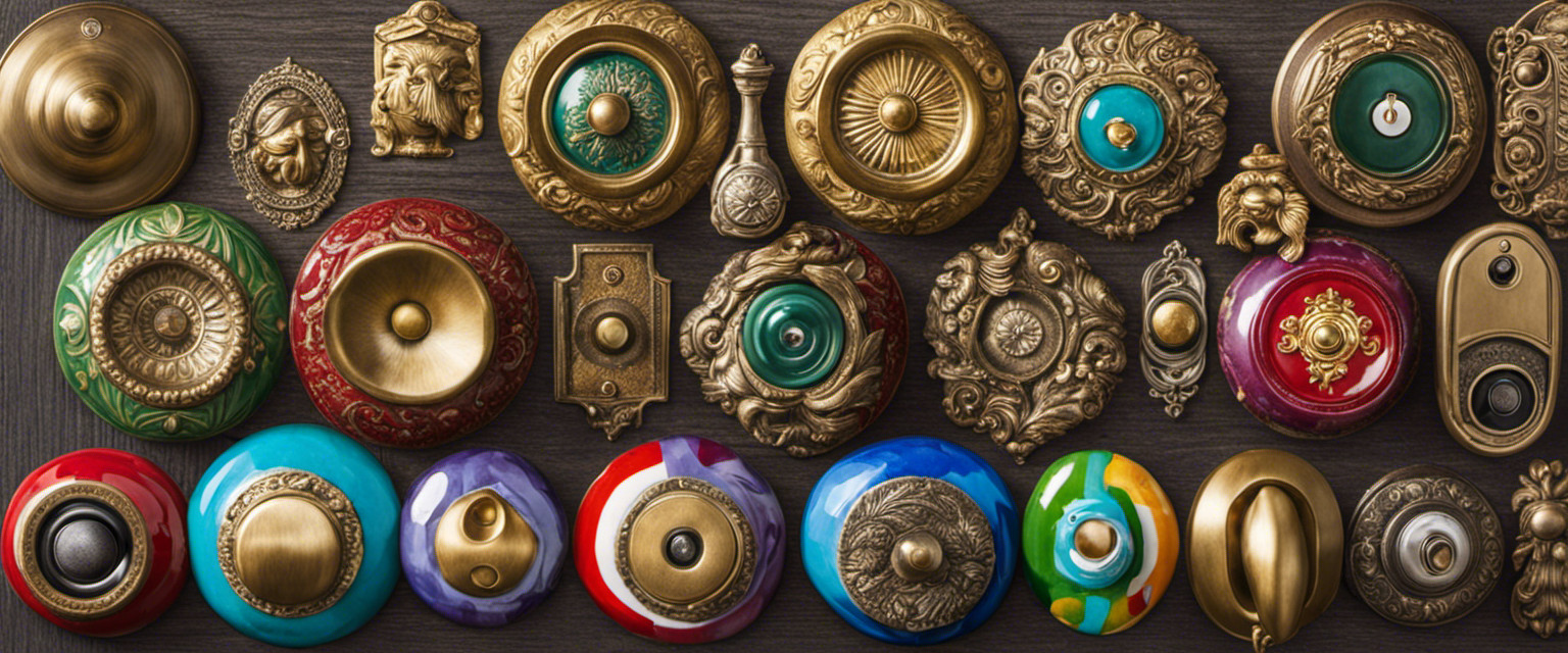An image showcasing a colorful collage of various doorbell designs, from traditional brass to quirky animal-shaped ones