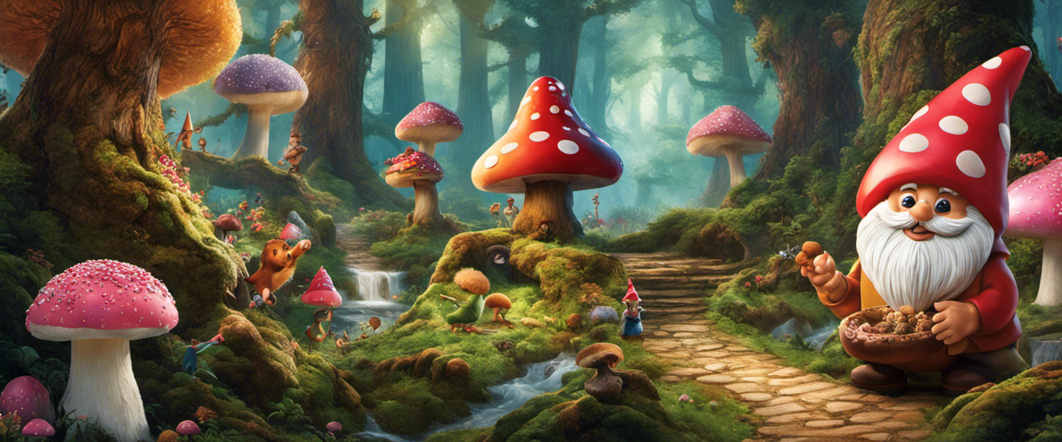 An image that captures the whimsical essence of doughnut hole folklore, showcasing an enchanted forest where mischievous doughnut hole creatures playfully dance around towering doughnut trees, while a mischievous gnome clings to a sprinkle-covered mushroom