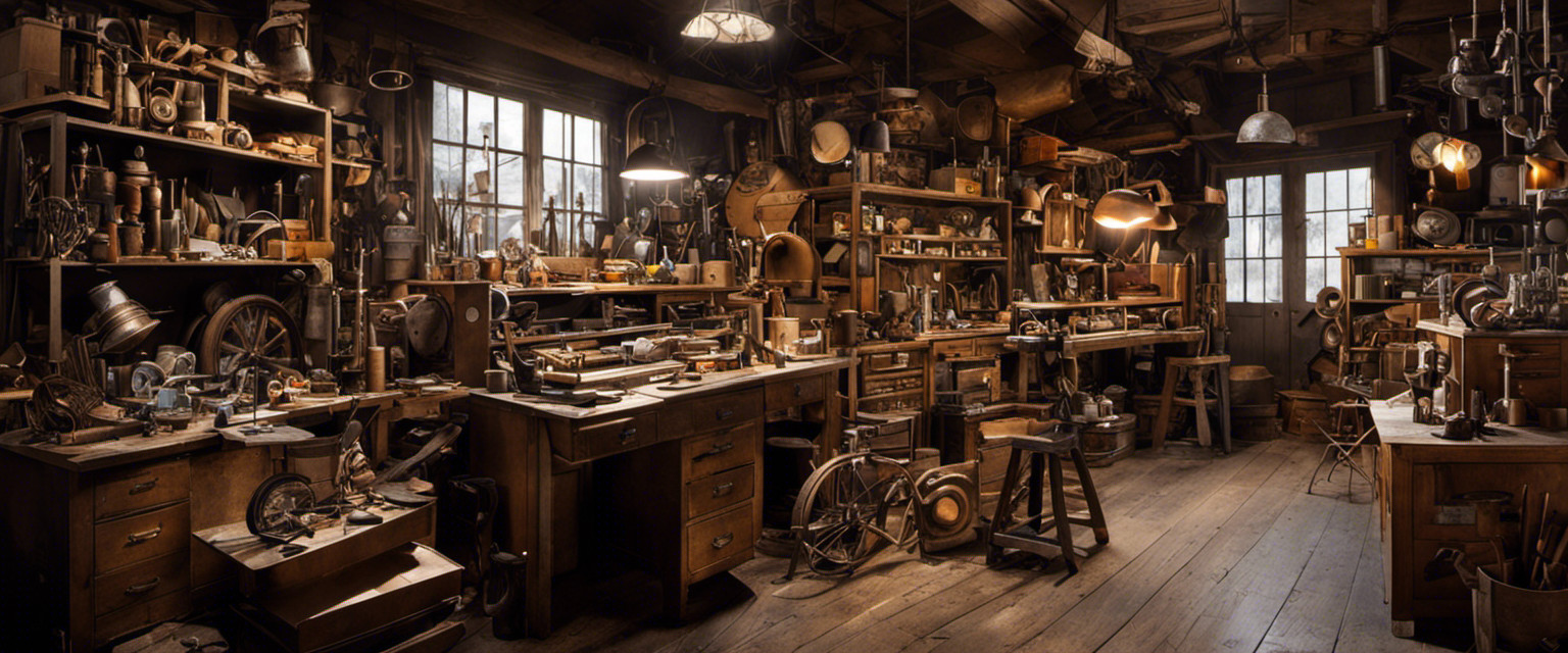 An image showcasing an aged inventor's cluttered workshop, filled with discarded prototypes, worn-out tools, and rolls of duct tape in various stages of use – a testament to the countless, quirky experiments behind its creation