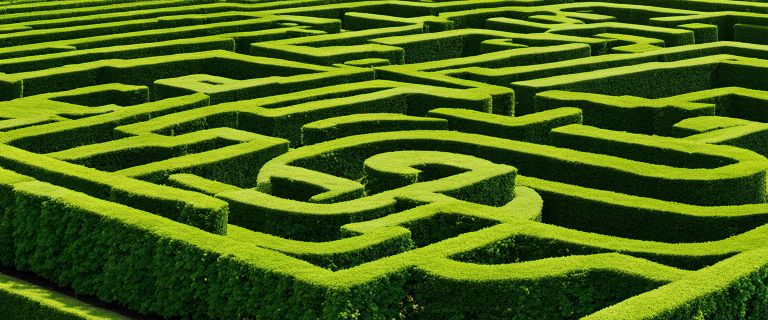An image depicting an intricate garden maze, with meticulously pruned hedges forming elaborate patterns