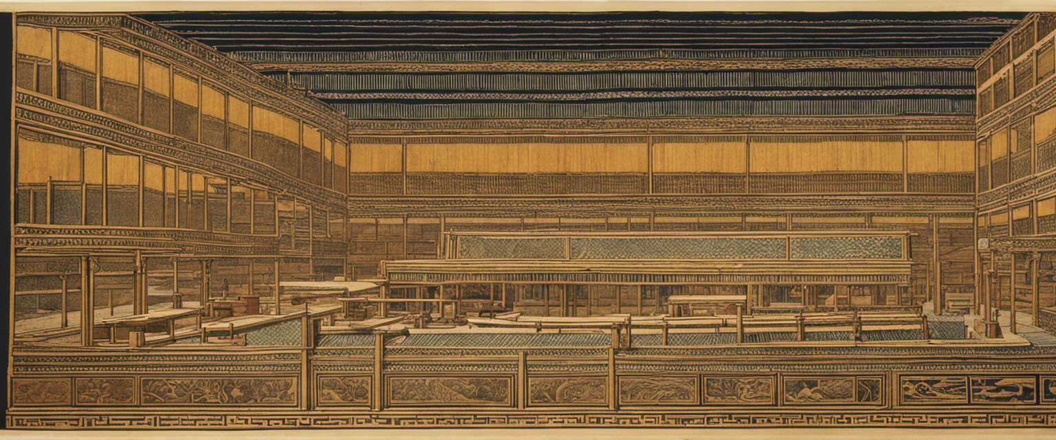 An image showcasing the intricate evolution of papermaking over centuries: from ancient Egyptians using papyrus, to Chinese inventing woodblock printing, to modern-day mechanized paper mills