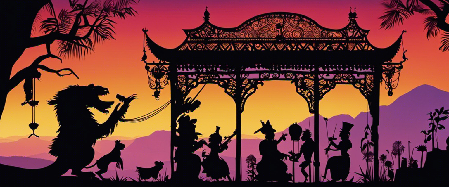 An image that showcases the evolution of puppetry in storytelling, starting with ancient shadow puppets against a vibrant sunset backdrop, transitioning to marionettes and ending with modern digital puppetry, all set on a stage adorned with intricate puppetry props