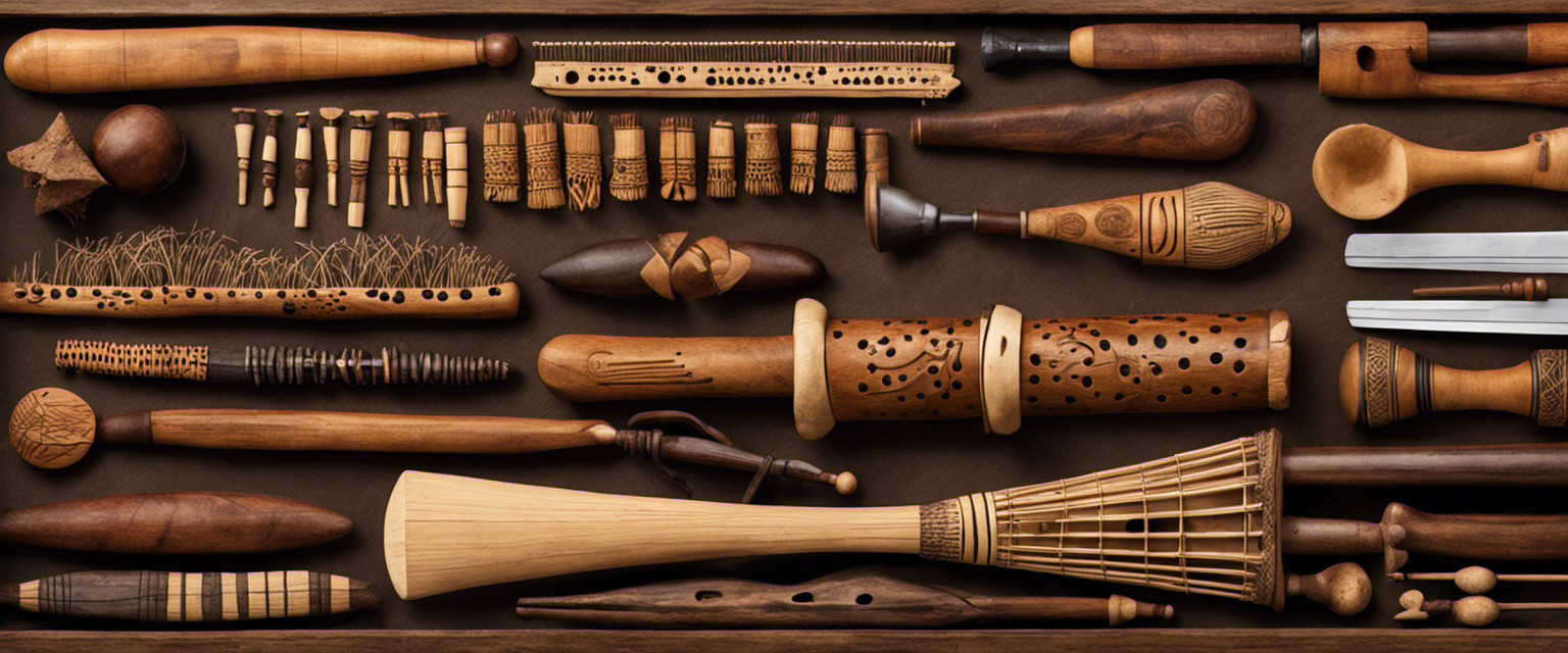 An image featuring a montage of primitive tools, ancient artifacts, and intricately carved wooden instruments, showcasing the evolutionary journey of natural musical instruments