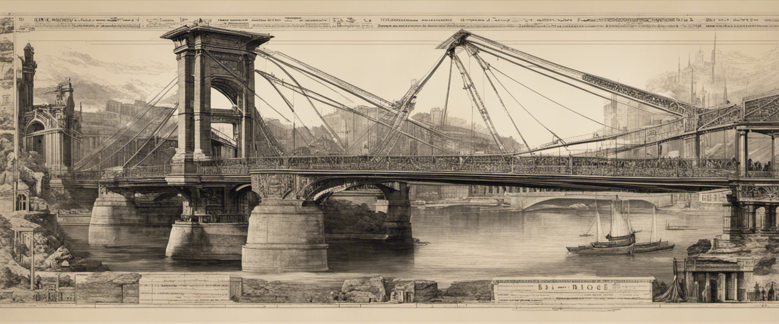 An image showcasing a collage of intricate bridge blueprints, ranging from ancient Roman arches to modern suspension marvels