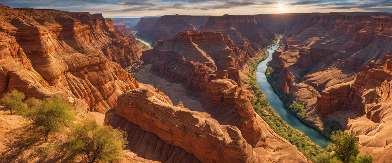 An image depicting the intricate evolution of natural canyons' designs, showcasing the gradual erosion, winding pathways, towering cliffs, and meandering riverbeds that have shaped these awe-inspiring geological formations over millions of years
