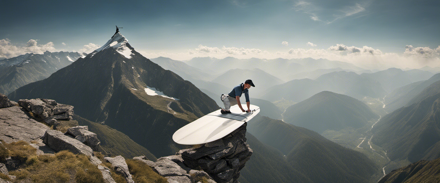 An image capturing the absurdity of extreme ironing: a fearless athlete perched atop a treacherous mountain peak, effortlessly pressing a crisp shirt on an ironing board suspended in mid-air, surrounded by breathtaking panoramic views