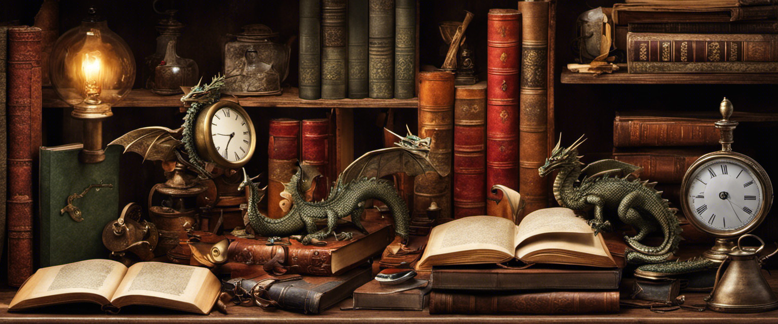 An image that showcases a cluttered shelf filled with quirky trinkets like a magnifying glass, a top hat, a small dragon figurine, and a worn-out book, enticing readers to explore useless yet fascinating trivia about their favorite fictional characters