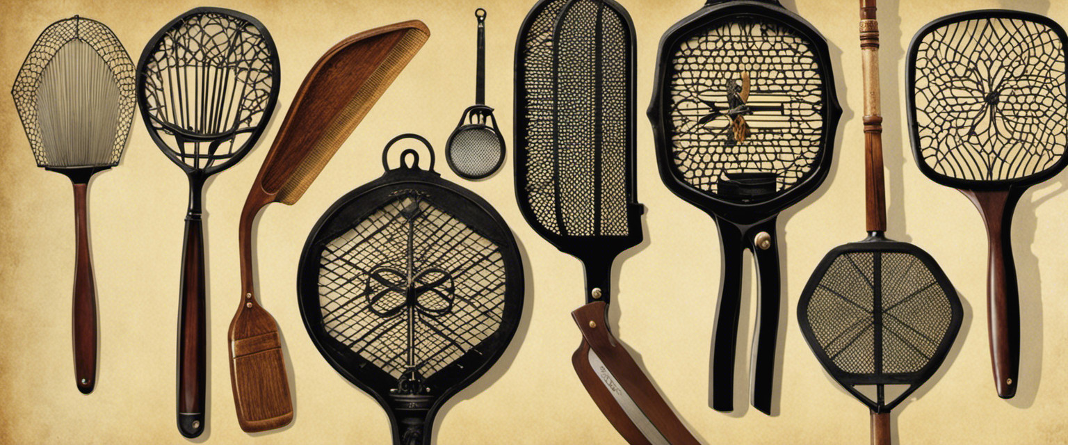 An image with a retro aesthetic showcasing a collection of unique fly swatters throughout history, ranging from primitive designs made of twigs to elaborate Art Deco-inspired ones, inviting readers to explore the fascinating evolution of this mundane tool