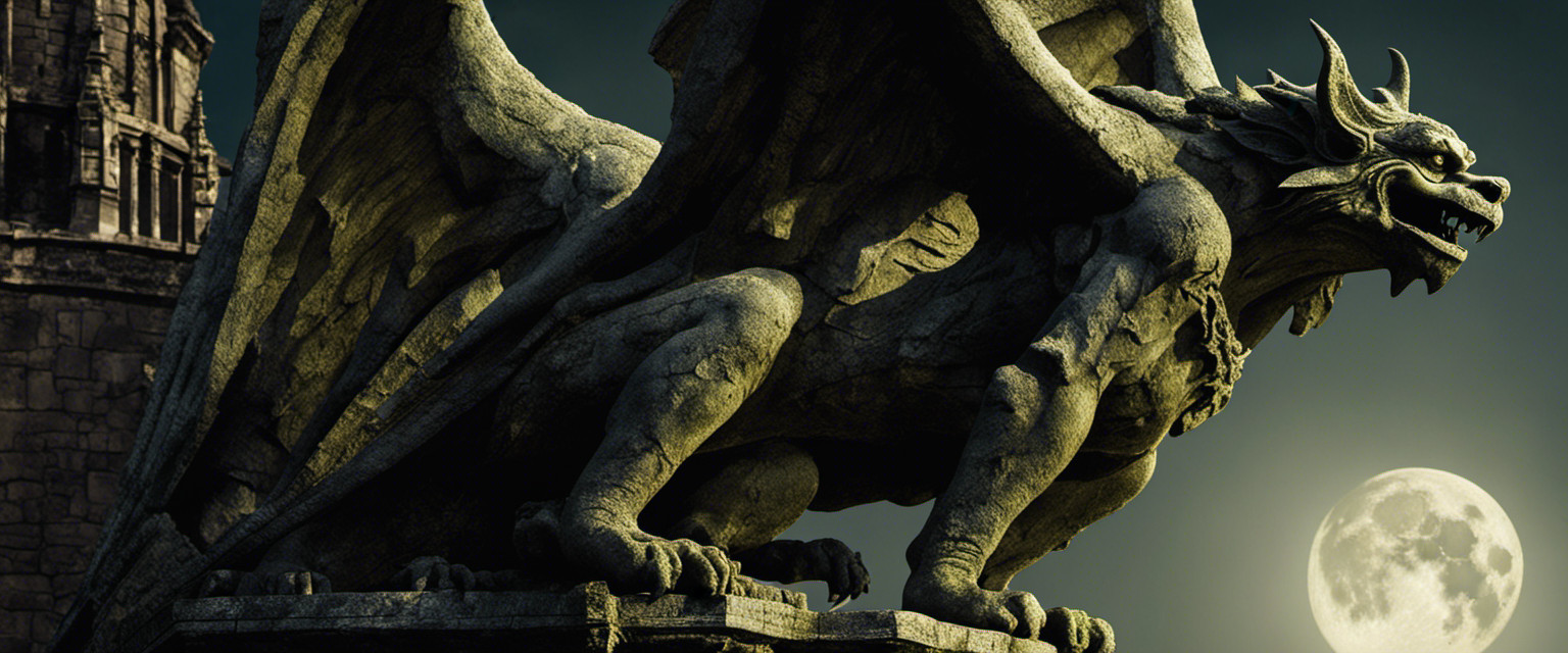An image capturing a weathered, moss-covered gargoyle perched atop an ancient cathedral, its grotesque features contorted in an enigmatic expression
