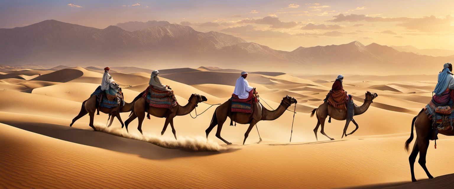 An image depicting a bustling desert trade route, where a colorful caravan of camels laden with goods traverses vast sand dunes