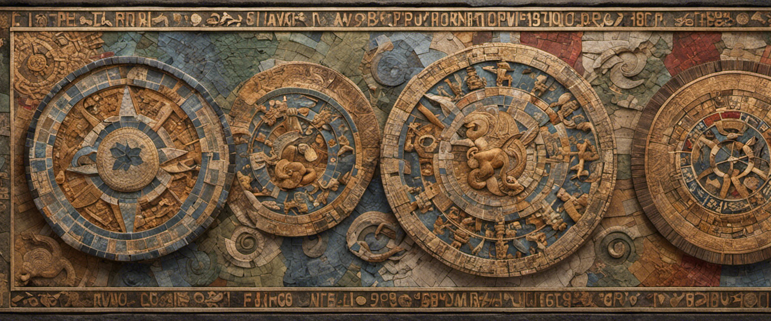 An image showcasing a mosaic of ancient zodiac symbols from diverse cultures, intricately carved on a weathered stone wall