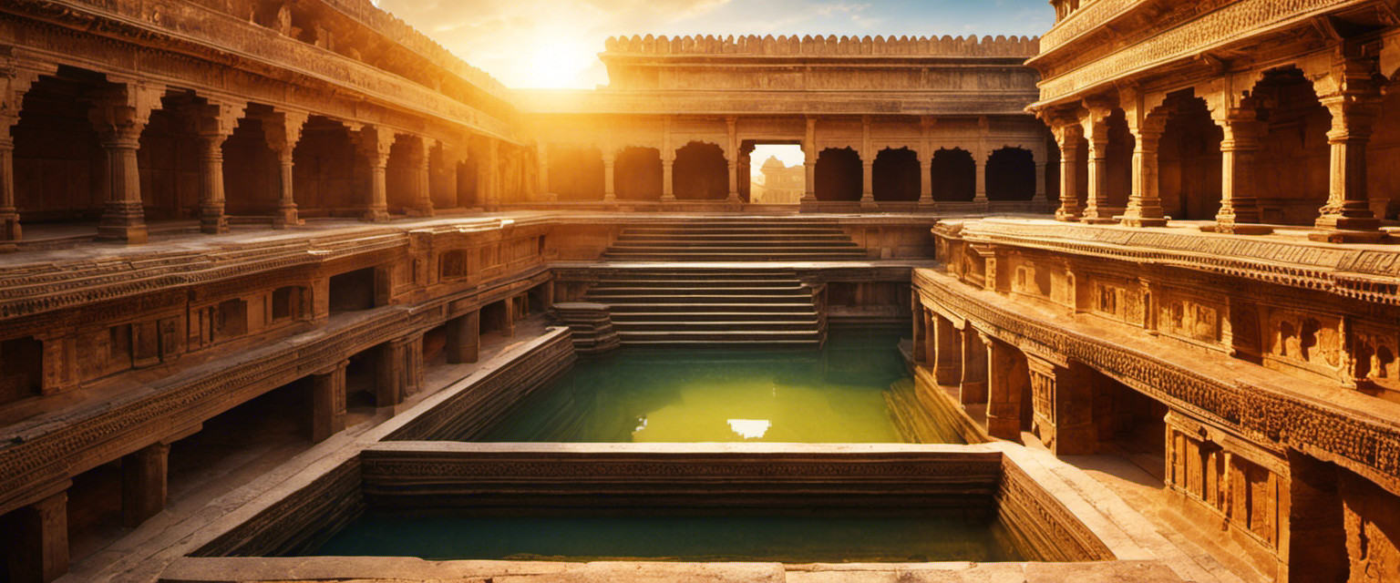 An image featuring a mesmerizing ancient stepwell bathed in soft golden sunlight, showcasing its intricate architecture, deep symmetrical steps, and ornate sculptures, conveying the forgotten historical value and enigmatic significance of these remarkable structures
