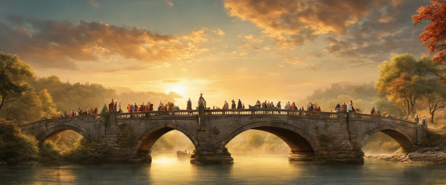 An image showcasing an ancient stone bridge spanning a tranquil river, adorned with intricate carvings, while historical figures from various eras gather on its arches, symbolizing the depth of useless historical knowledge