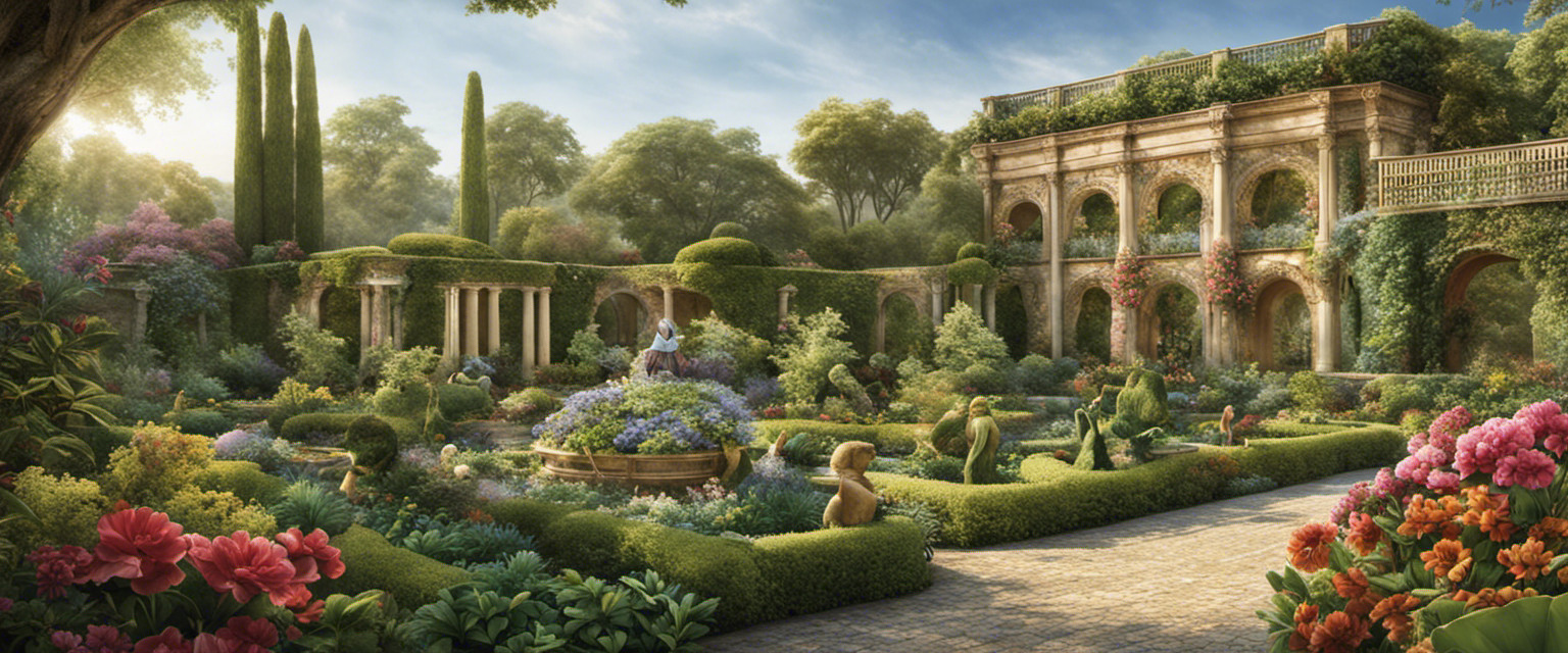 An image capturing the essence of ancient botanical gardens, with vibrant flora and fauna flourishing amidst ornate sculptures and mosaics, transporting readers to a bygone era of horticultural beauty and historical significance