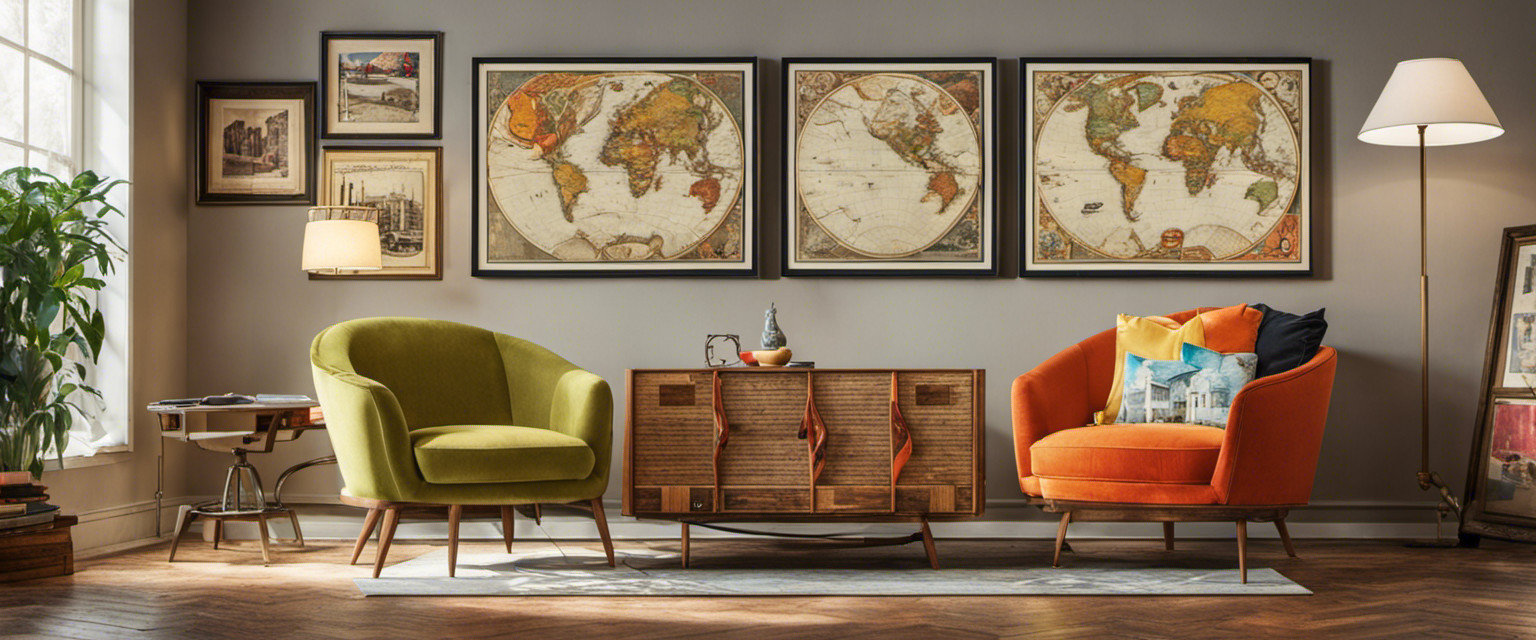 An image of a vibrant, retro living room with a dusty hula hoop leaning against the wall, surrounded by framed photographs of historical figures and a faded map of the world