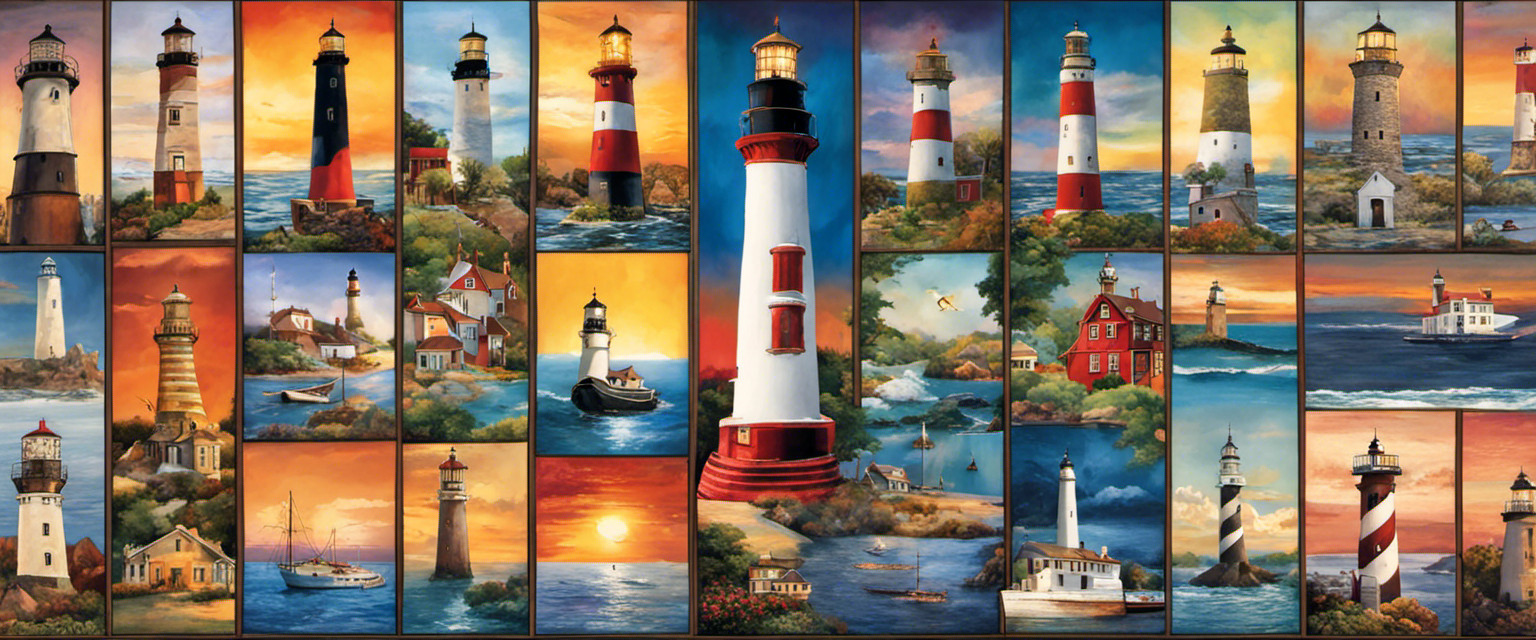An image showcasing a whimsical collage of historical lighthouses from around the world