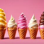 An image showcasing the evolution of ice cream cone history, depicting a vibrant spectrum of historical ice cream cone designs, from the humble beginnings of the wafer to the ornate sugar cone