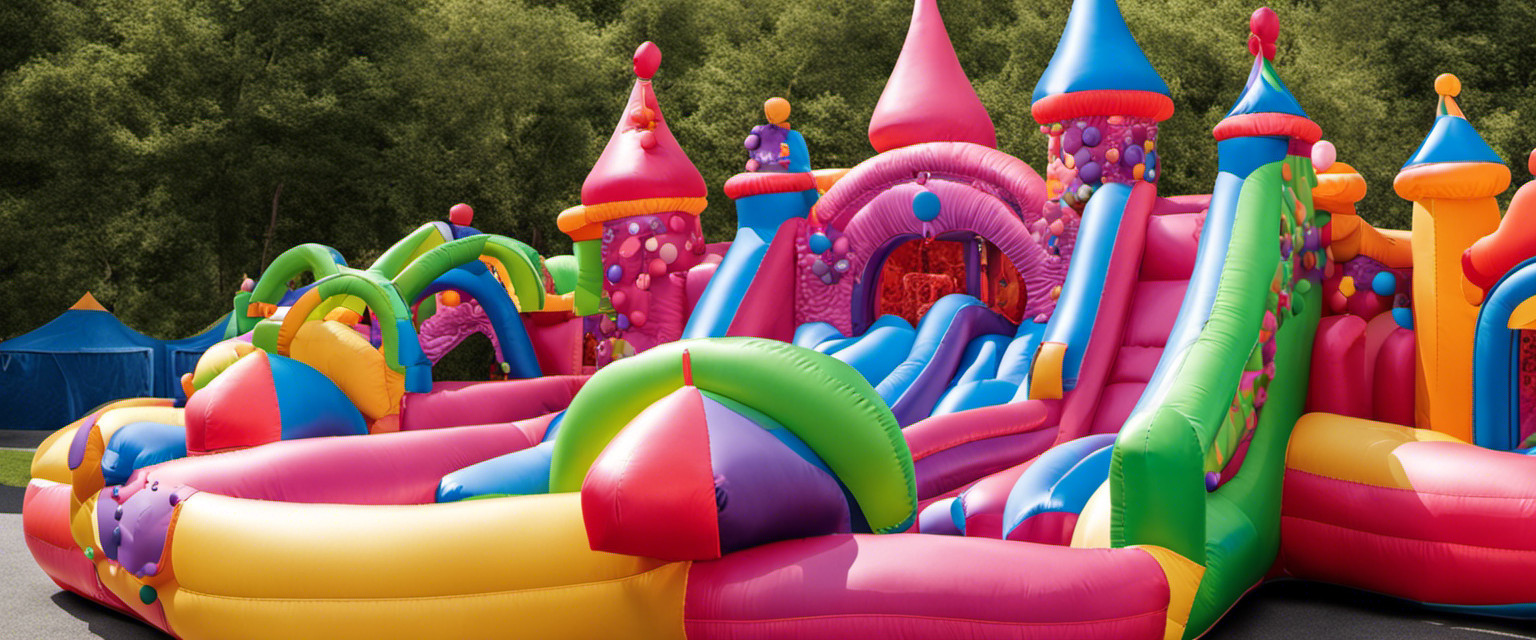 An image featuring a whimsical, vibrant inflatable castle with exaggerated turrets, intricate arches, and intricate patterns