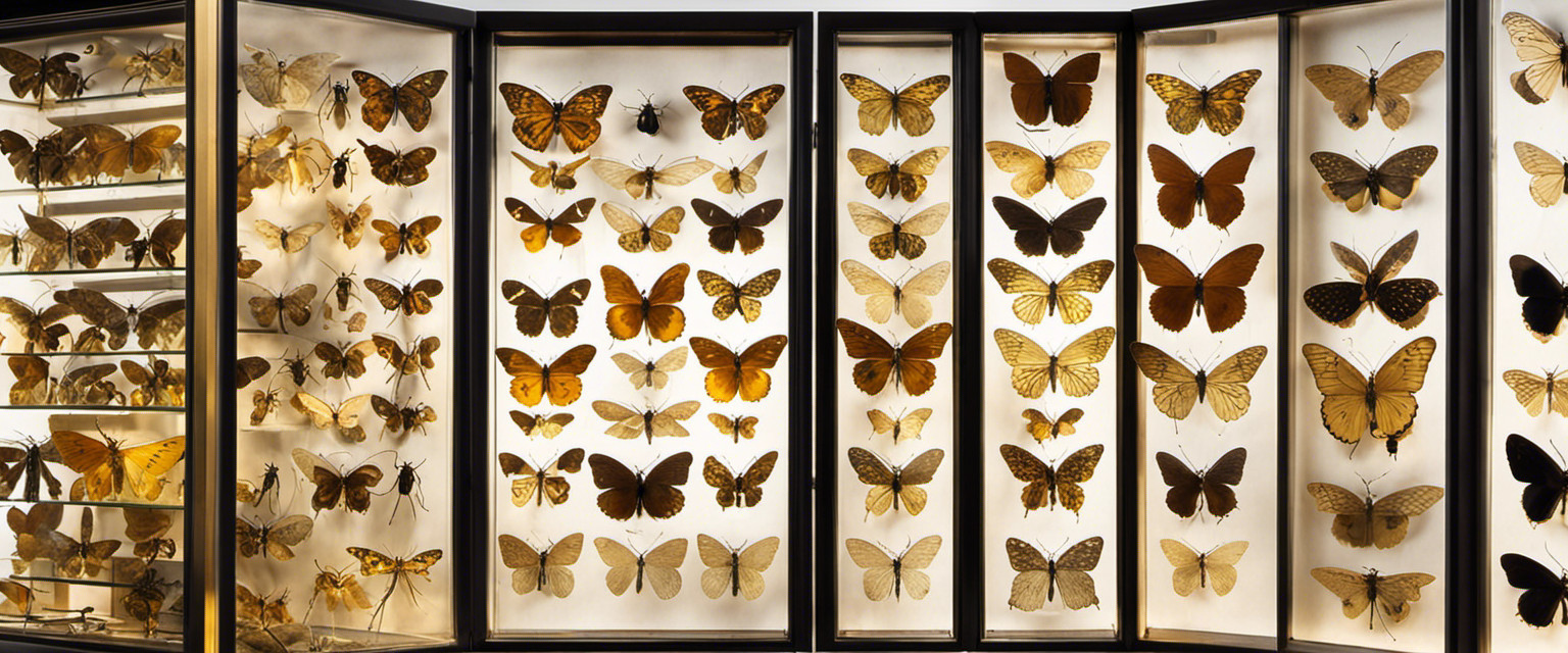 An image showcasing an intricately arranged display of meticulously preserved insect specimens, suspended in glass cases filled with ethereal golden light, capturing the mesmerizing yet seemingly purposeless world of insect taxidermy
