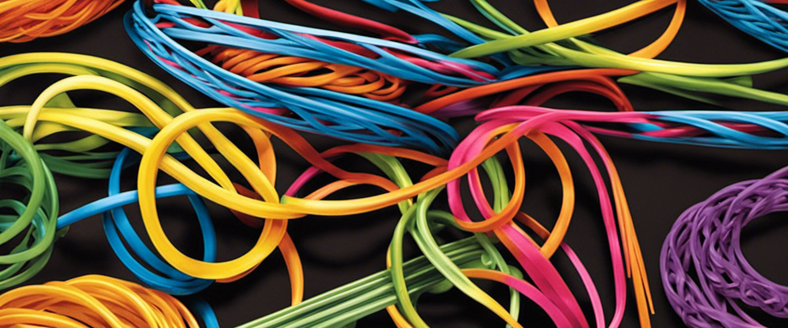 An image showcasing a colorful array of rubber bands intertwined with intricate patterns, forming various bracelets and accessories