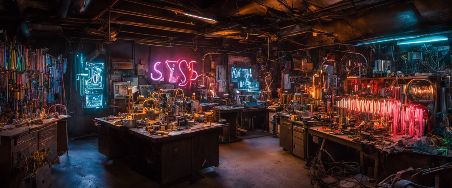 An image showcasing a dimly lit, cluttered workshop filled with discarded neon tubes, cracked glass, and worn-out electrical equipment