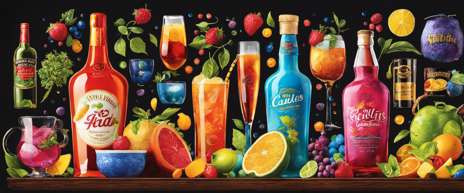 An image showcasing a vibrant mosaic of quirky facts about non-alcoholic beverages, featuring a bubbling cauldron of trivia, spilling over with colorful ingredients like tea leaves, coffee beans, soda bubbles, and fruit slices