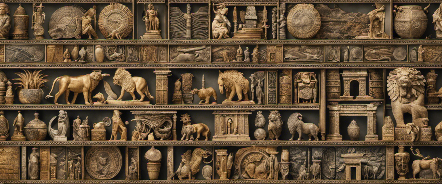 An image showcasing a collage of ancient artifacts, mythical creatures, and historical landmarks from around the globe, blending seamlessly to depict the fascinating origins and evolution of the world's most renowned legends