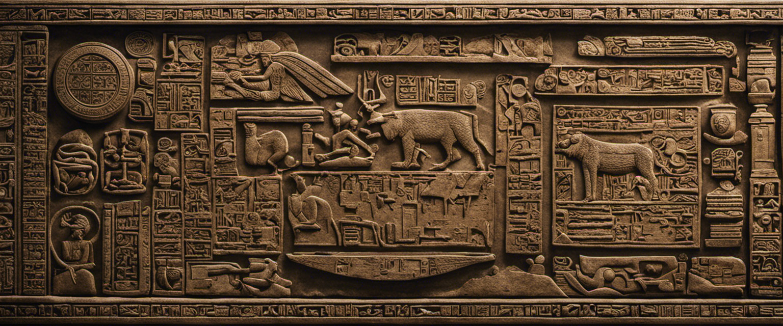 An image depicting a weathered stone tablet covered in intricate hieroglyphs, surrounded by a magnifying glass, ancient artifacts, and a map, evoking curiosity about the mysterious origins and cryptic meanings behind ancient inscriptions
