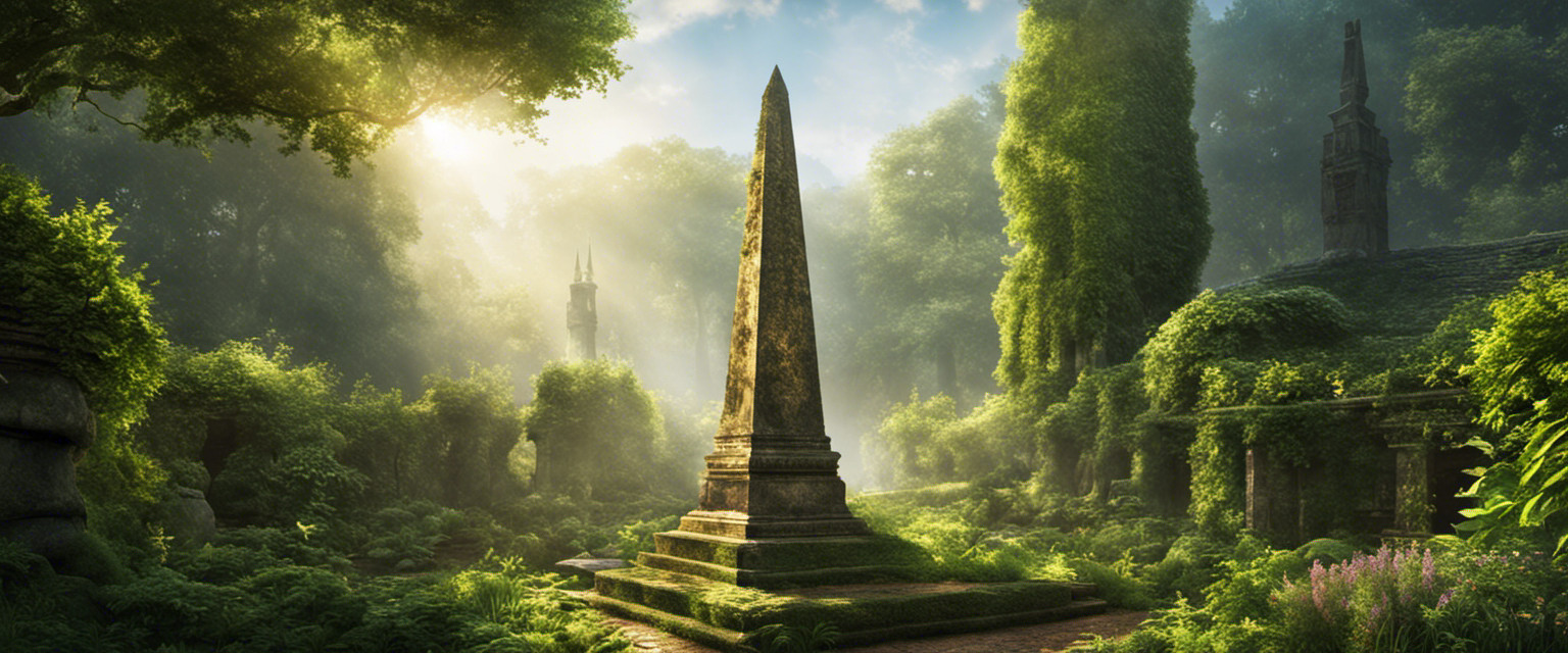 An image showcasing a weathered, towering obelisk surrounded by lush, overgrown foliage