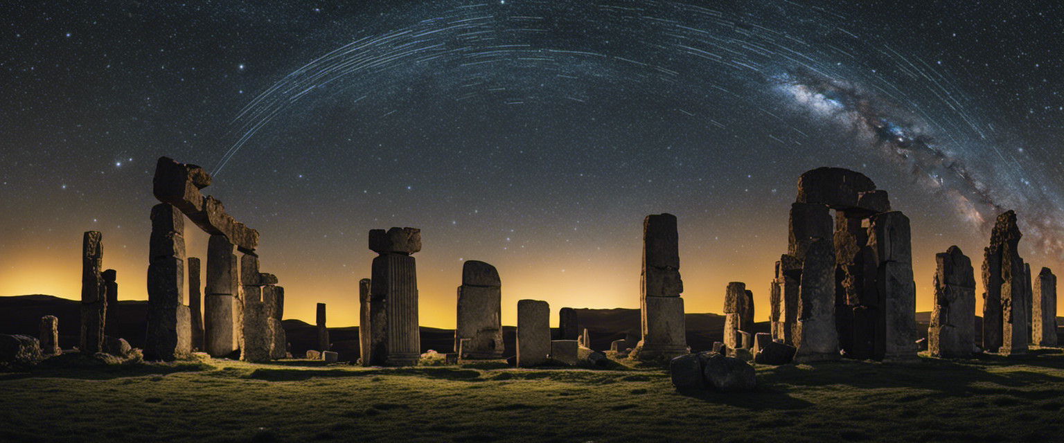 An image featuring a mysterious stone circle, bathed in moonlight, with ancient ruins in the backdrop