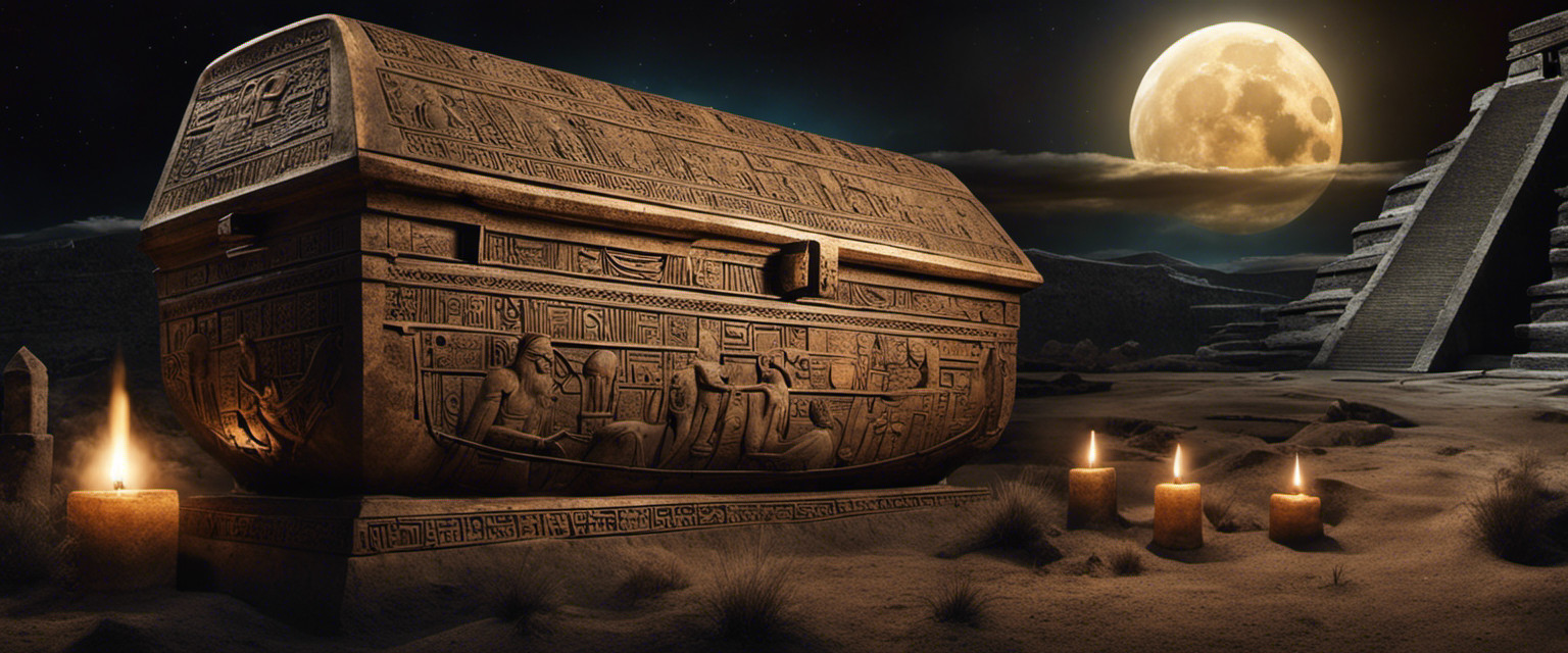 An image depicting an eerie moonlit scene, showcasing an intricately decorated burial chamber with ancient hieroglyphs, ornate coffins, and mysterious burial rituals from various civilizations