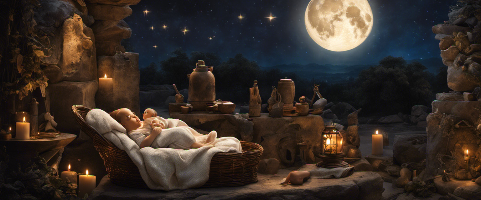 An image featuring a serene, moonlit night with a mother gently cradling her baby, surrounded by ancient artifacts, symbolizing the origins of lullabies
