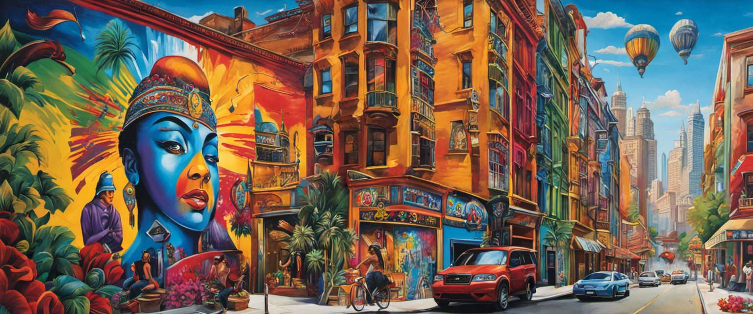 An image showcasing a vibrant cityscape adorned with sprawling murals, each mural depicting diverse urban cultures and their unique artistic influences