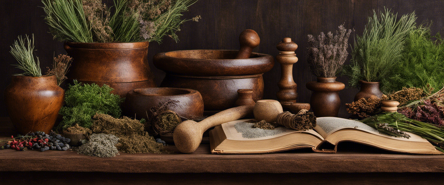 An image showcasing a weathered wooden table adorned with ancient mortar and pestles, surrounded by vibrant dried herbs, each carefully arranged around a worn leather-bound book, evoking the essence of the art of crafting