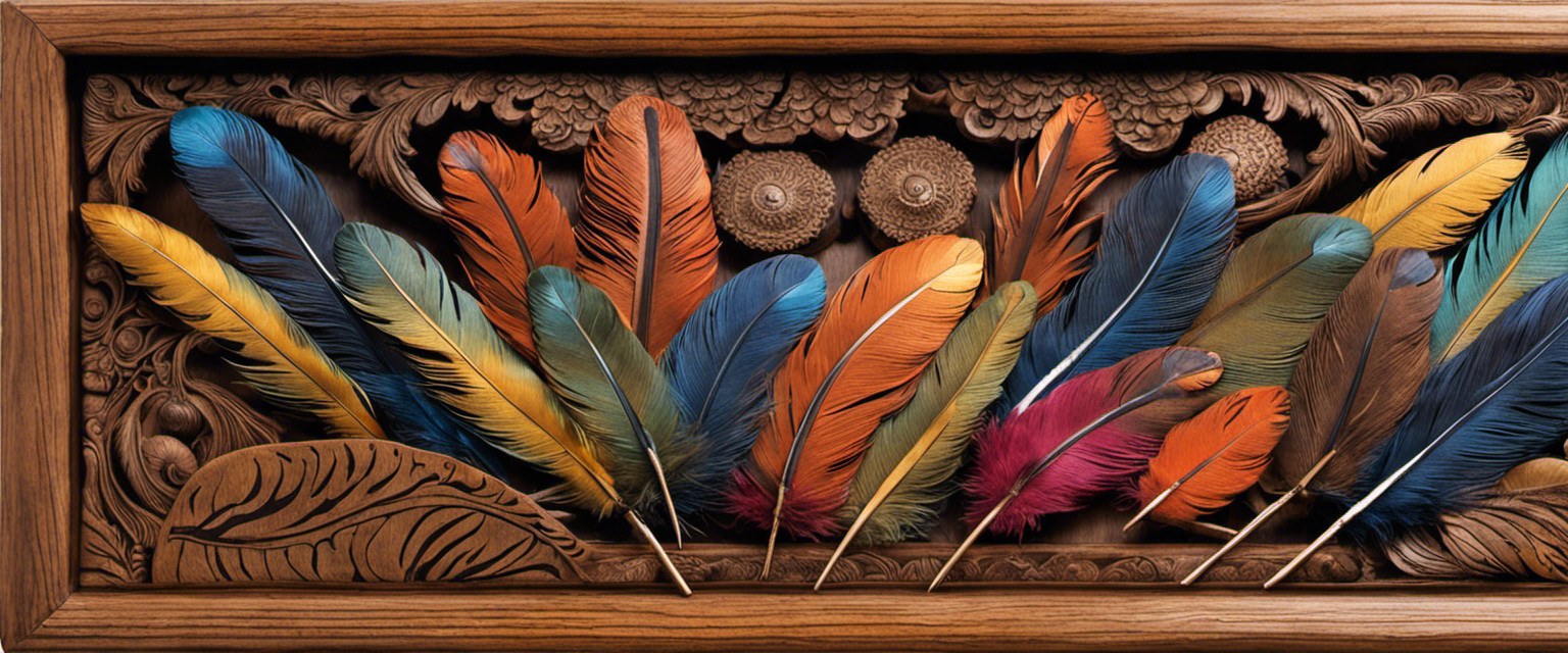 An image featuring a weathered, intricately carved wooden box adorned with vibrant feathers from exotic birds