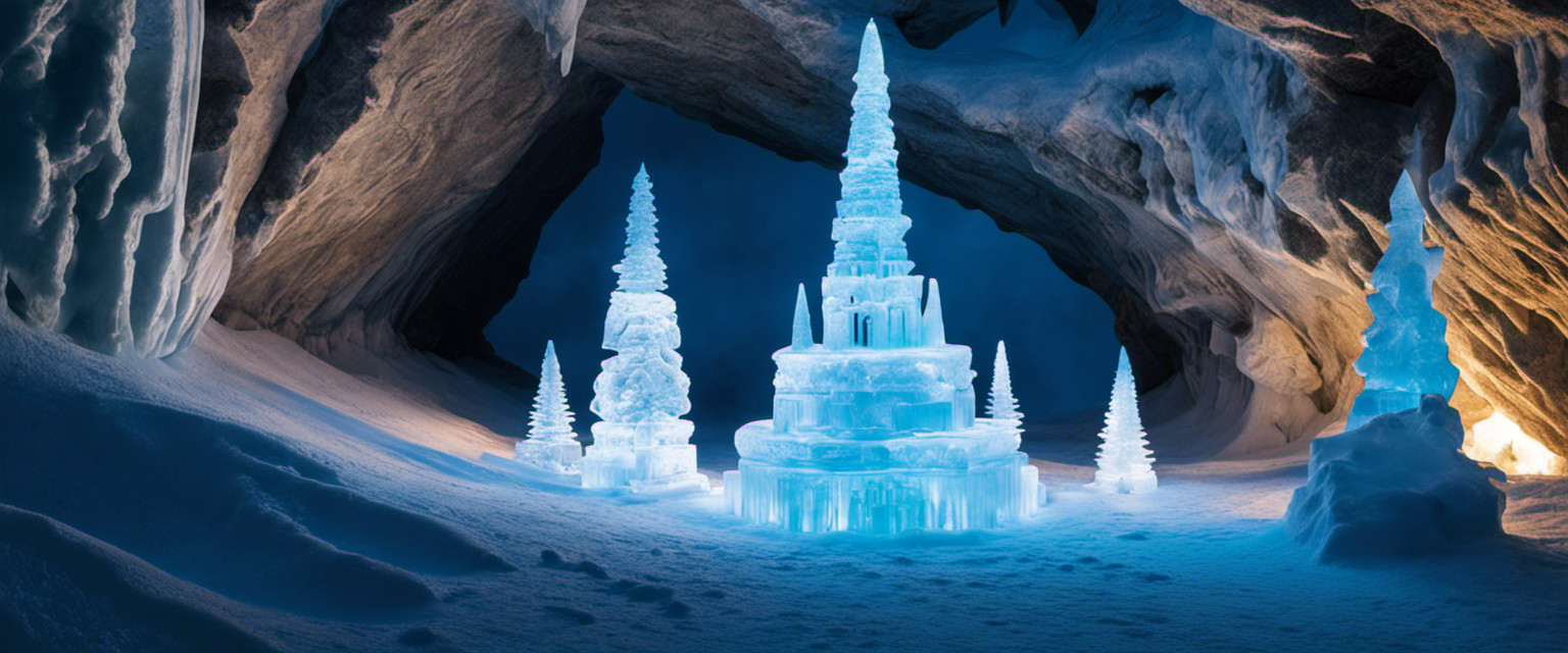 An image featuring an ancient ice cavern illuminated by ethereal blue light