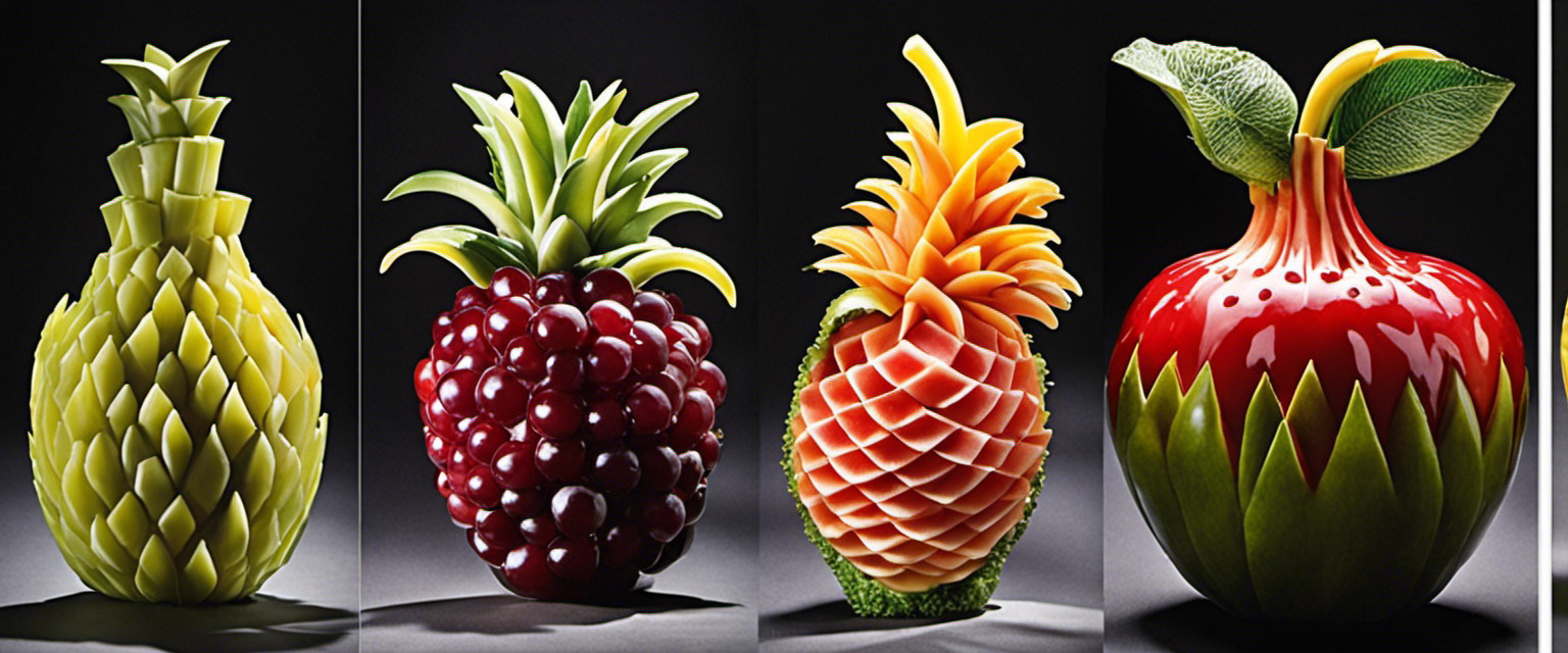 An image showcasing the whimsical evolution of fruit carving, starting with ancient civilizations intricately crafting fruit sculptures, progressing to modern-day fruit carvers utilizing innovative techniques, and ending with a surreal fruit masterpiece