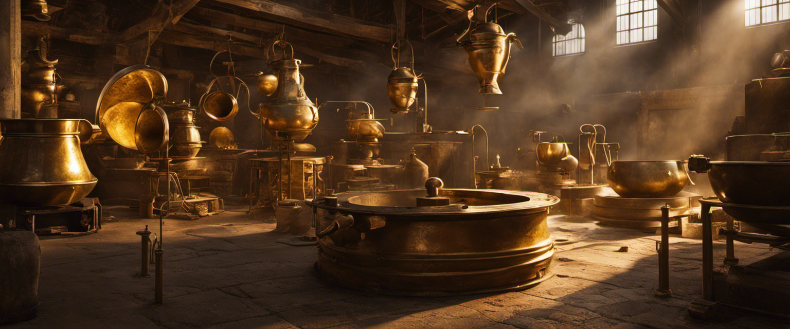 An image that captures the essence of the forgotten origins of brass crafting traditions: an ancient foundry, bathed in golden light, where skilled artisans delicately mold molten brass into intricate shapes, shrouded in a veil of mystery