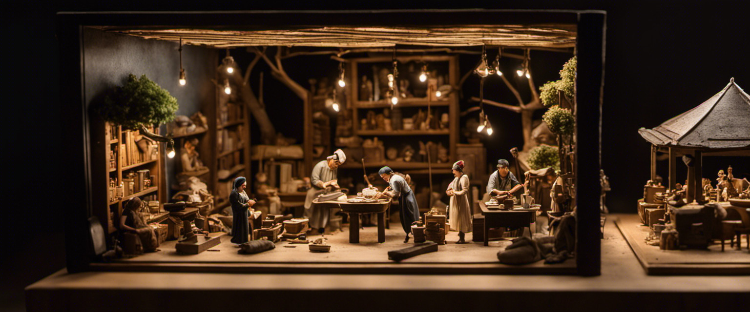 An image capturing the birth of dioramas: a dimly lit workshop, an artist meticulously crafting tiny figurines, surrounded by vintage books on ancient civilizations, as delicate landscapes come to life under a magnifying glass