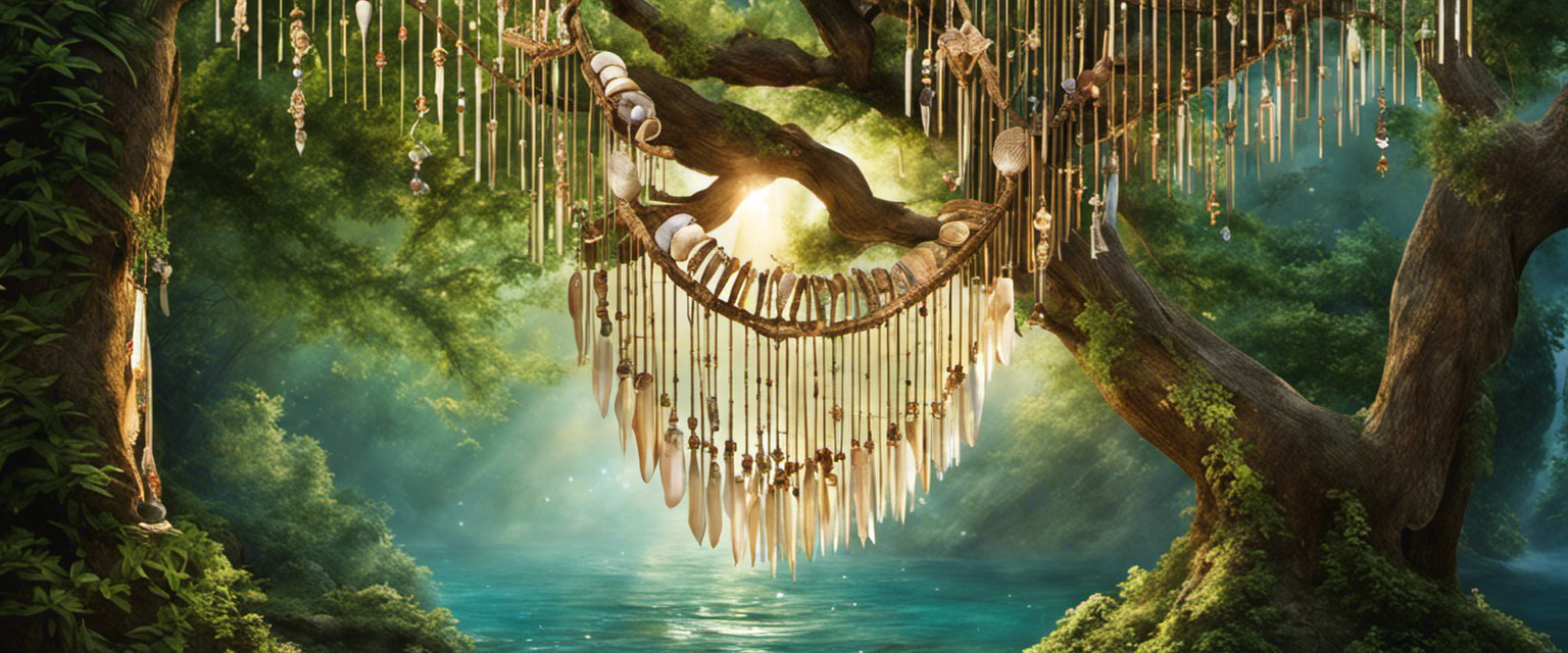 An image showcasing an ancient tree surrounded by delicate wind chimes, crafted from seashells, bamboo, and crystal beads