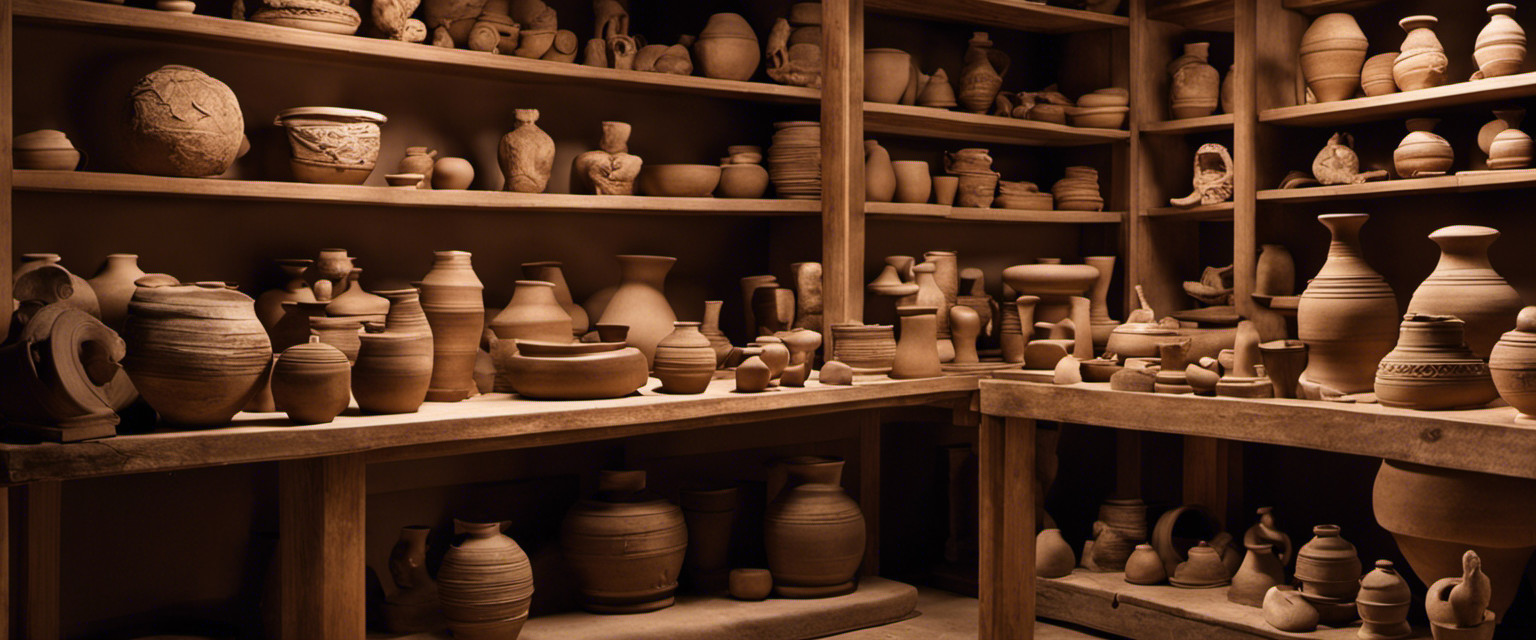 An image showcasing a potter's wheel surrounded by ancient artifacts, with skilled hands shaping clay figures