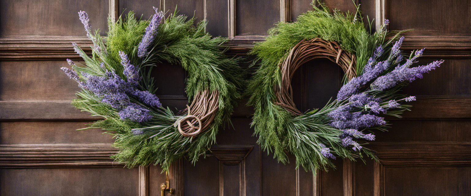 An image showcasing a rustic wooden door adorned with a vibrant wreath made of dried lavender, rosemary, and eucalyptus, symbolizing the ancient origins and seemingly useless knowledge behind the tradition of wreath-making