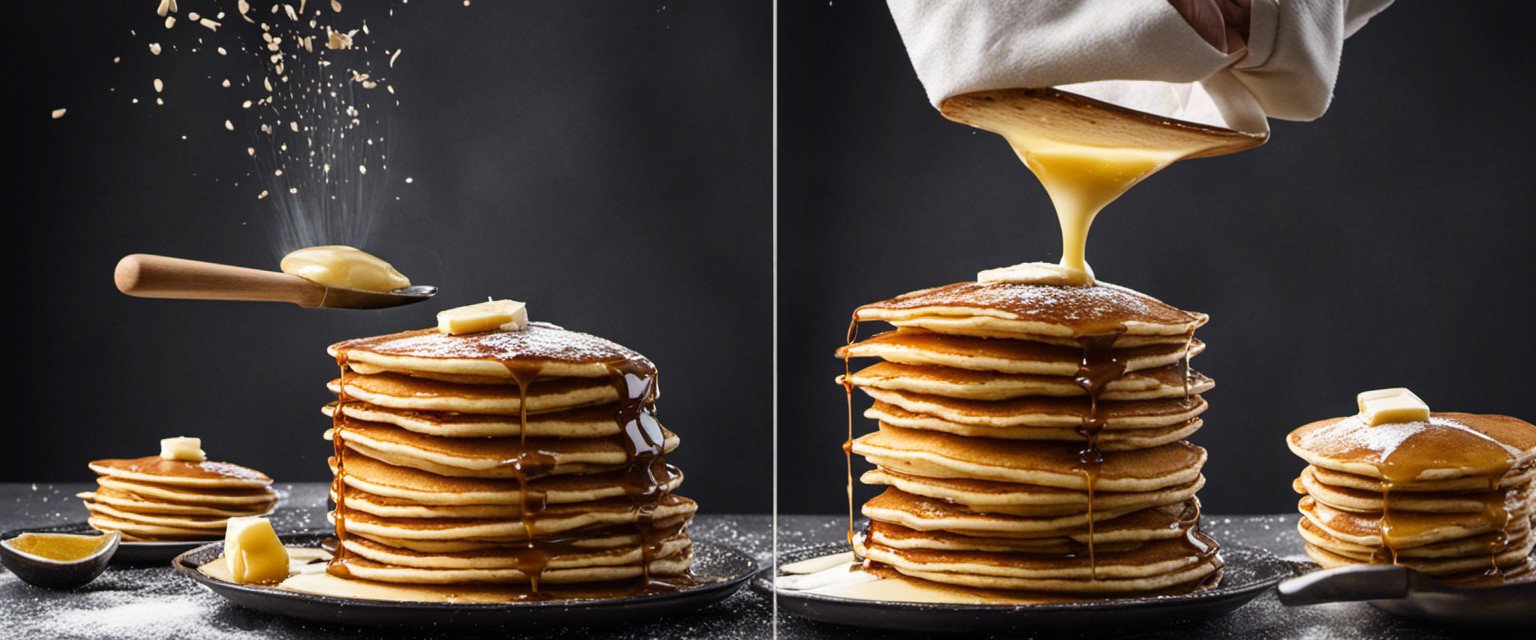 An image showcasing various pancake flipping styles: a chef gracefully flipping a pancake in mid-air, another using a spatula to flip multiple pancakes simultaneously, and a comical attempt with pancakes scattered across the kitchen