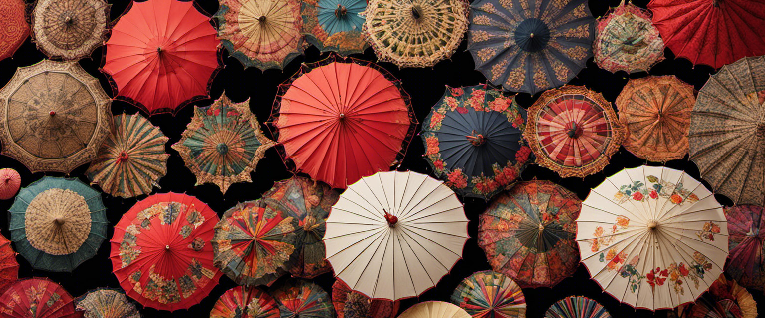 An image of a whimsical collection of parasols, each adorned with intricate patterns and elaborate motifs, showcasing a variety of unconventional designs that serve no practical purpose but exude artistic flair