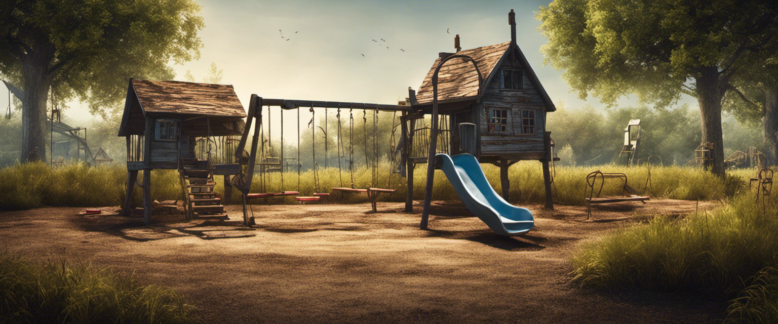 An image showcasing a deserted playground, with rusty swings hanging limply, cracked slides, and overgrown grass